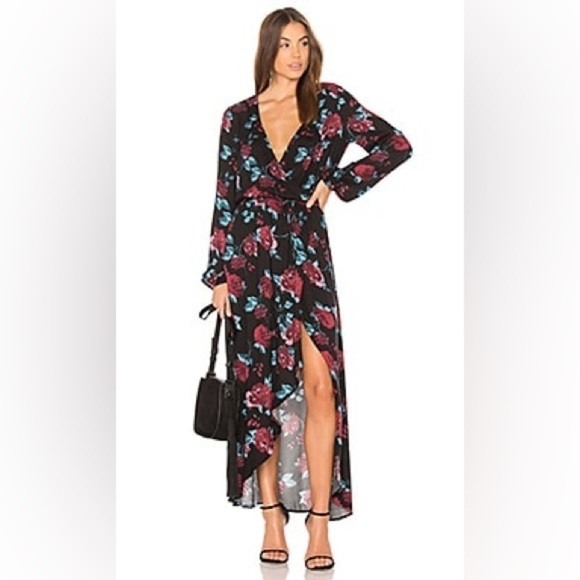 Splendid Size S Black Floral Rose Print Long Sleeve Maxi Faux Wrap Dress - Picture 1 of 11